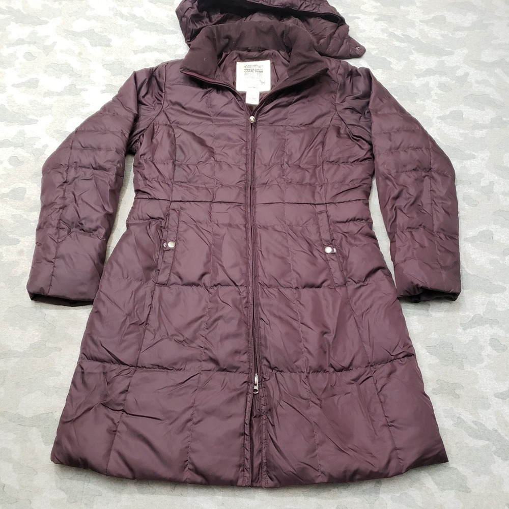 Eddie Bauer Puffer Jacket Women Large Purple Goose Down Quilted Hooded Outdoors